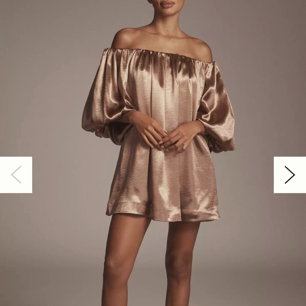 NWT Anthropologie Mare Mare Off The Shoulder Puff Sleeve Satin Shine Mini Dress